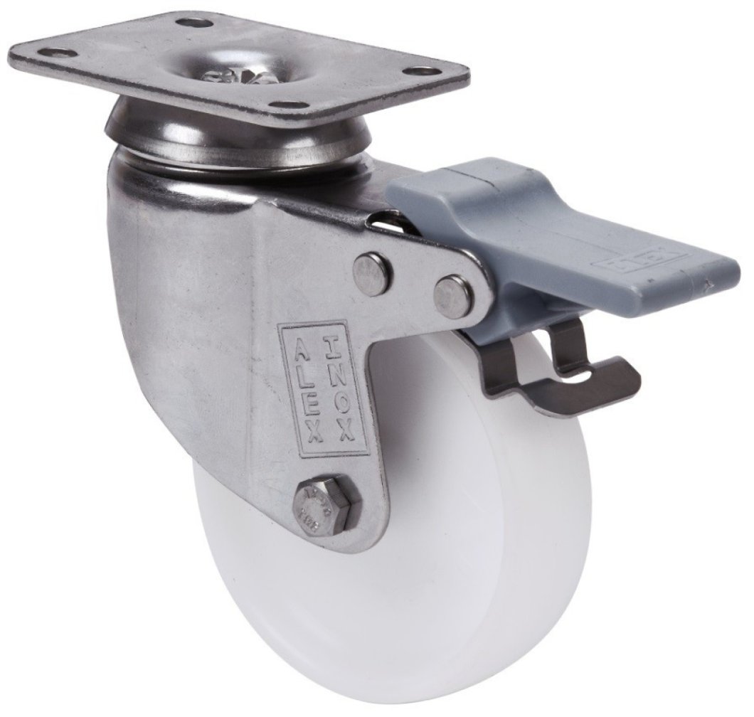 SERIE BHI INOX-BP Blanco, Giratorio/Platina/Freno Rueda y Soporte